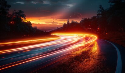Fototapeta premium Night Road with Light Trails and Sunset Sky