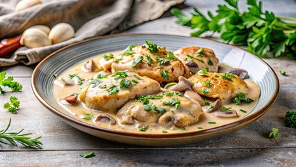 Plate of chicken with mushrooms in a creamy sauce garnished with herbs, chicken, mushrooms, creamy sauce, herbs, food, meal