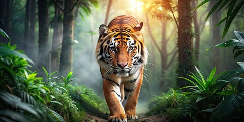 Menacing tiger on the prowl in the lush forest environment , Majestic, Tiger, Stalking, Prey, World Wildlife Day, Prowl