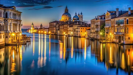 Naklejka premium Night view of Venice with beautiful reflections on the water, Venice, Italy, night, reflection, water, canal, gondola