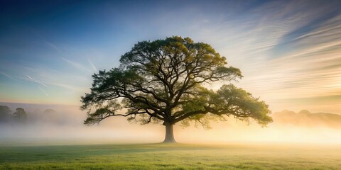 Fototapeta premium Oak tree surrounded by mist, foggy, woodland, forest, nature, misty, eerie, spooky, atmospheric, tranquil, fog
