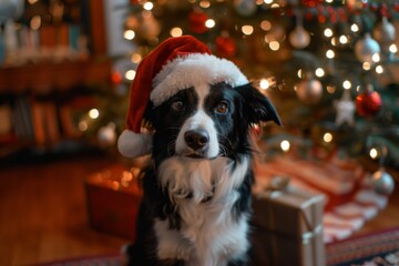 Dog in Santa hat with decorated Christmas tree background