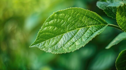 Close up of a single green leaf on a fresh background of nature