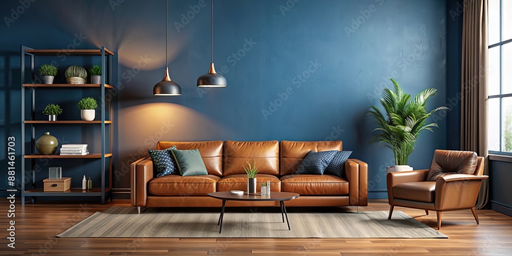 Canvas Prints Modern living room with leather furniture and empty dark blue wall background , interior design, rendering, contemporary