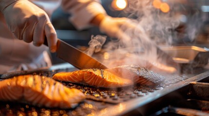 Fototapeta premium A chef slicing a grilled salmon fillet into portions, with steam rising from the hot fish.