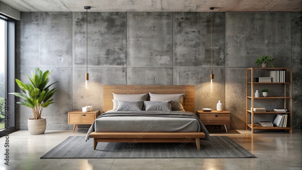 Wall mural Modern bedroom interior with a gray bed, concrete floor, and wooden bedside tables, modern, bedroom