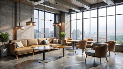 Fototapeta premium Modern coffee shop interior with round tables, sofa, and chairs near a large window on a dark concrete floor, coffee shop