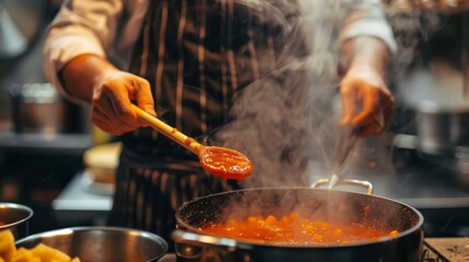 A chef tasting sauce from a wooden spoon, standing beside a simmering pot.