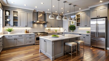 Fototapeta premium Modern kitchen with light gray cabinets, stainless steel appliances, and marble countertops, modern, kitchen