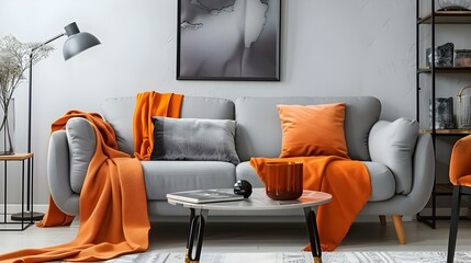 Orange blanket on grey sofa in modern apartment interior