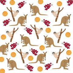 Naklejka premium cute sloth, kangaroo with berries, oranges as a pattern background