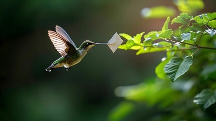 Fototapeta premium Hummingbird in a mail carrier’s outfit, delivering letters.