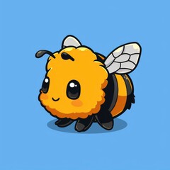 Obraz premium cute bee logo, simple flat, design with black and yellow stripes, honeycomb shape against a light blue background, minimalist, color blocks
