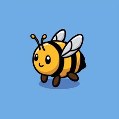 Obraz premium cute bee logo, simple flat, design with black and yellow stripes, honeycomb shape against a light blue background, minimalist, color blocks