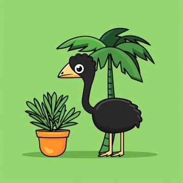 recommend clip art:  cute cassowary logo, simple flat, design with black feathers, rainforest shape against a green background, minimalist, color blocks