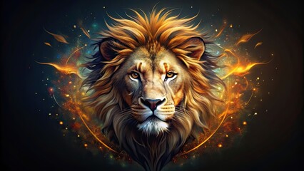 Fototapeta premium Lion head with abstract elements on dark background, lion, head, abstract, elements, dark, background, design