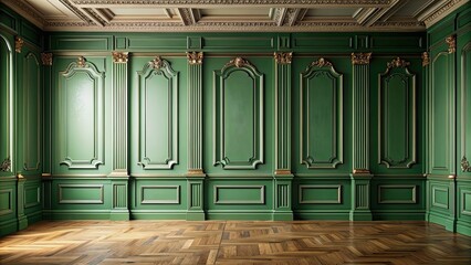 Luxurious empty interior with elegant green walls and intricate wall molding panels, luxury, classic, elegant, green, interior