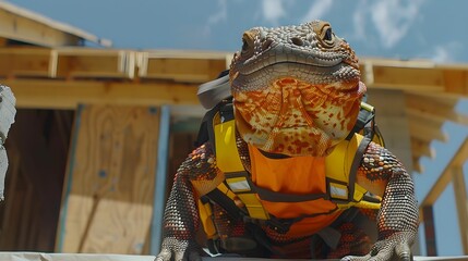 Gila Monster in a construction worker&rsquo;s outfit, building a house