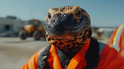 Gila Monster in a construction worker&rsquo;s outfit, building a house