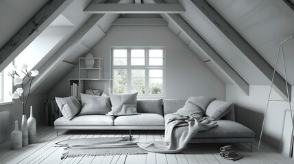 Grey attic living room interior with sofa