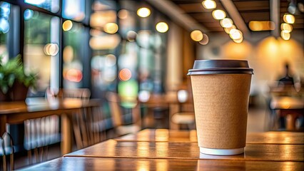 Naklejka premium Paper cup of coffee on a table in a blurred coffee shop background, coffee, cafe, paper cup, beverage, hot drink, table top