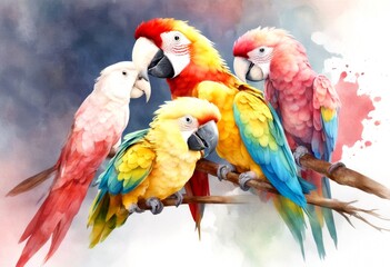Obraz premium background animal white watercolor red macaw illustration clipart colourful set tropical parrots yellow beak blue olated bird pink nature parrot birds