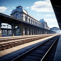 Fototapeta premium the AI Image Generator, picturesque scene of a train at a platform during sunset with warm interior lights and dramatic sky