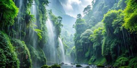 Rain falling in a lush forested canyon, rain, forest, canyon, trees, green, nature, wet, water, peaceful, tranquil