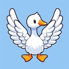  cute goose logo, simple flat, design with white feathers, lake shape against a blue background, minimalist, color blocks