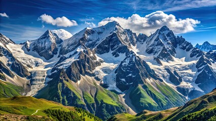 Fototapeta premium Snow-capped peaks of the Western Caucasus in Dombai on a sunny day, peaks, Western Caucasus, Dombai, snow-capped
