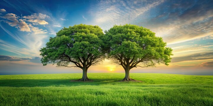 Two trees with intertwined branches symbolizing unity and trust in a serene meadow, unity, trust, trees, intertwined
