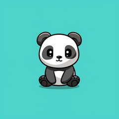 Naklejka premium cute panda logo, simple flat, design with white and black fur, bamboo shape against a green background, minimalist, color blocks