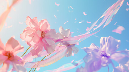 Fototapeta premium Background, Pink flowers and ribbons floating in the sky, dreamy and whimsical scene, soft pastel colors, copy space
