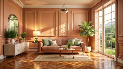 Fototapeta premium Vintage elegance and warmth radiate in a retro salmon room with soft sun rays , vintage, elegance, warmth, retro, salmon