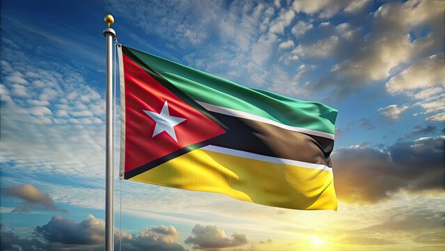 Mozambique flag waving in the wind, Mozambique, flag, African, green, red, symbol, patriotism, national, pride