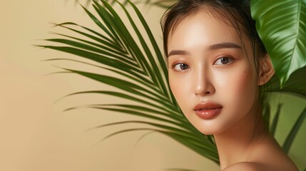 Naklejka premium K-beauty makeup on young Asian woman with flawless skin. Promote your skincare brand with K-beauty makeup inspiration.