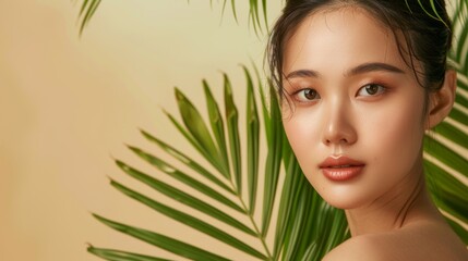 Fototapeta premium K-beauty makeup on young Asian woman with flawless skin. Promote your skincare brand with K-beauty makeup inspiration.