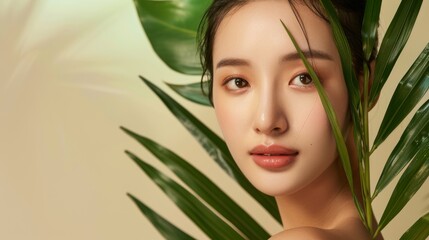 Fototapeta premium K-beauty makeup on young Asian woman with flawless skin. Promote your skincare brand with K-beauty makeup inspiration.