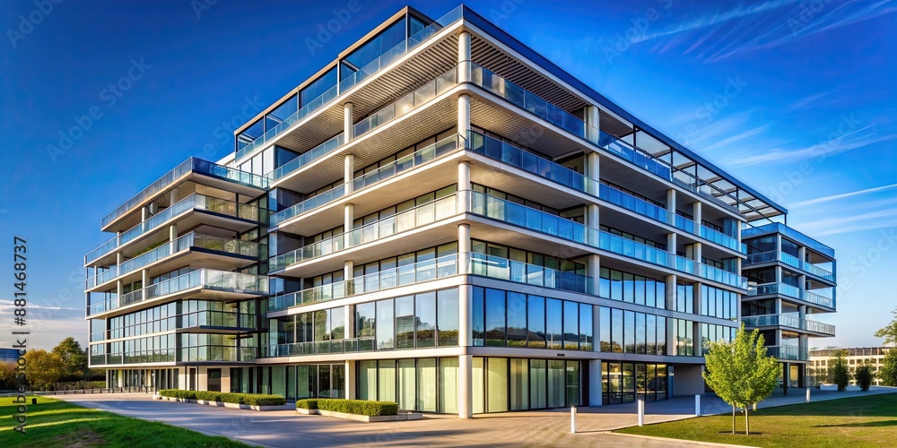 Poster Modern residential building made of glass, steel, and concrete against clear blue sky , architecture, urban, contemporary