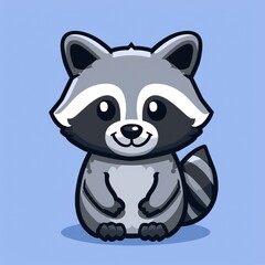 Obraz premium cute raccoon logo, simple flat, design with gray and black fur, trash can shape against a blue background, minimalist, color blocks