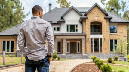 Real estate agent standing in front of house.