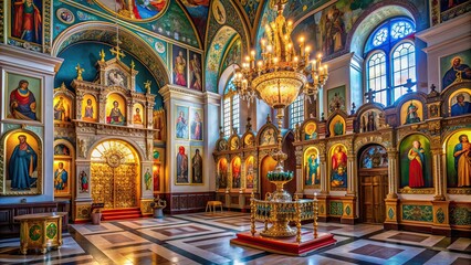 Obraz premium Interior of the ornate orthodox church featuring intricate icons, candlelit altar, and colorful stained glass windows, orthodox