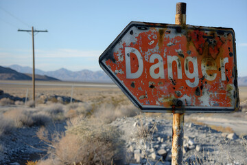 A weathered Danger sign in a deserted area