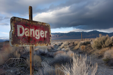 A weathered Danger sign in a deserted area