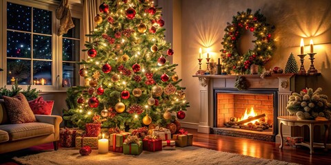 Richly decorated Christmas tree with ornaments and twinkling lights in cozy living room setting, Christmas, tree, decor