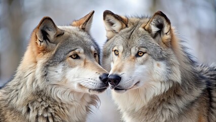 Fototapeta premium Romantic image of two wolves showing affection towards each other in the wild, wolves, love, wildlife, nature