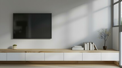 Modern TV white wood cabinet shelf in empty room interior