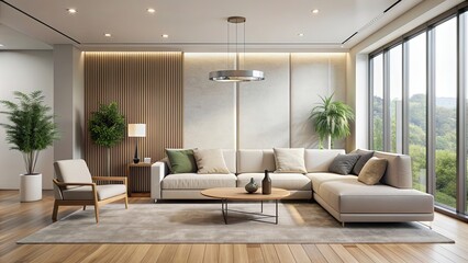 Fototapeta premium Spacious minimalist living room with clean lines and neutral tones, featuring a single elegant sofa