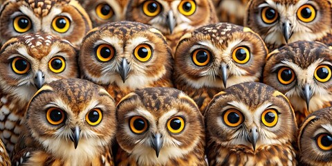 Image of a multitude of adorable owl heads filling the frame, all looking directly at the viewer, owls, animals, cute, many