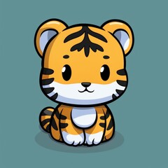  cute tiger logo, simple flat, design with orange and black fur, paw shape against a green background, minimalist, color blocks